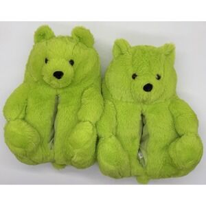 Neon Green Teddy Bear Plush Slippers Adult Size 260mm US Women's 9-10 Cozy